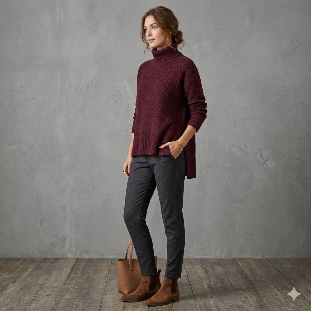 Adam Lippes Collective Burgundy Diamond Textured Turtleneck Sweater Small S